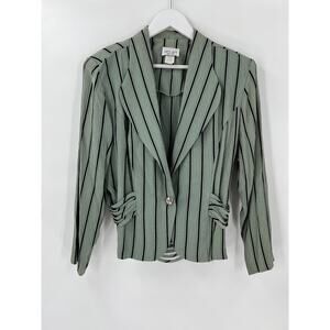 Dress Savvy Vintage Blazer Womens 16P Green/Blue Black Striped Jacket Ruffles
